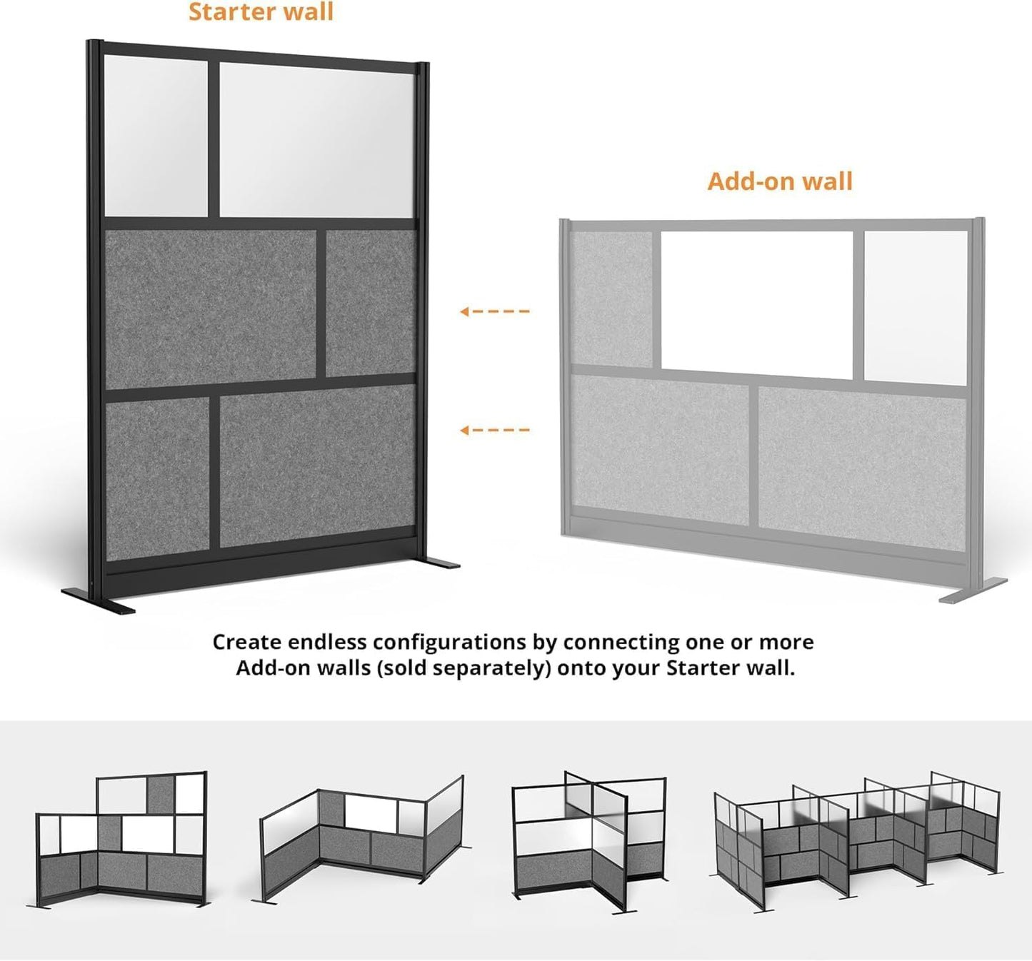 Stand Up Desk Store Expanse Modular Wall | 53'' x 70'' Wall | Expandable Partition Room Divider with Rearrangeable Frosted Acrylic & Sound Absorbent Panels (Black Frame)