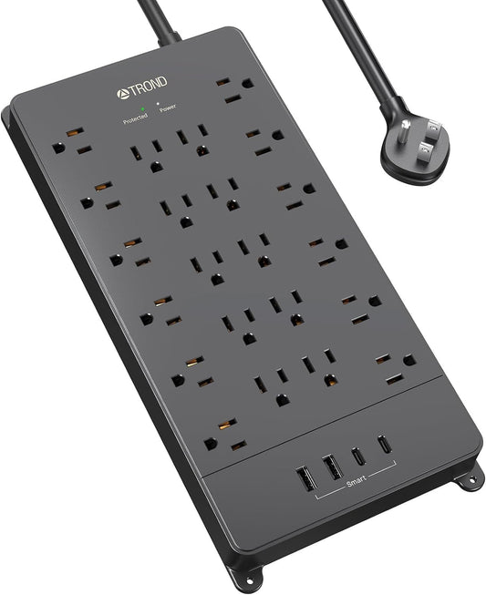 TROND Surge Protector Power Strip, 5ft Flat Plug Extension Cord with Multiple Outlets, 22 Widely Spaced AC with USB Ports, 4000 Joules, Heavy Duty, Wall Mount, Under Desk, ETL Listed, Black