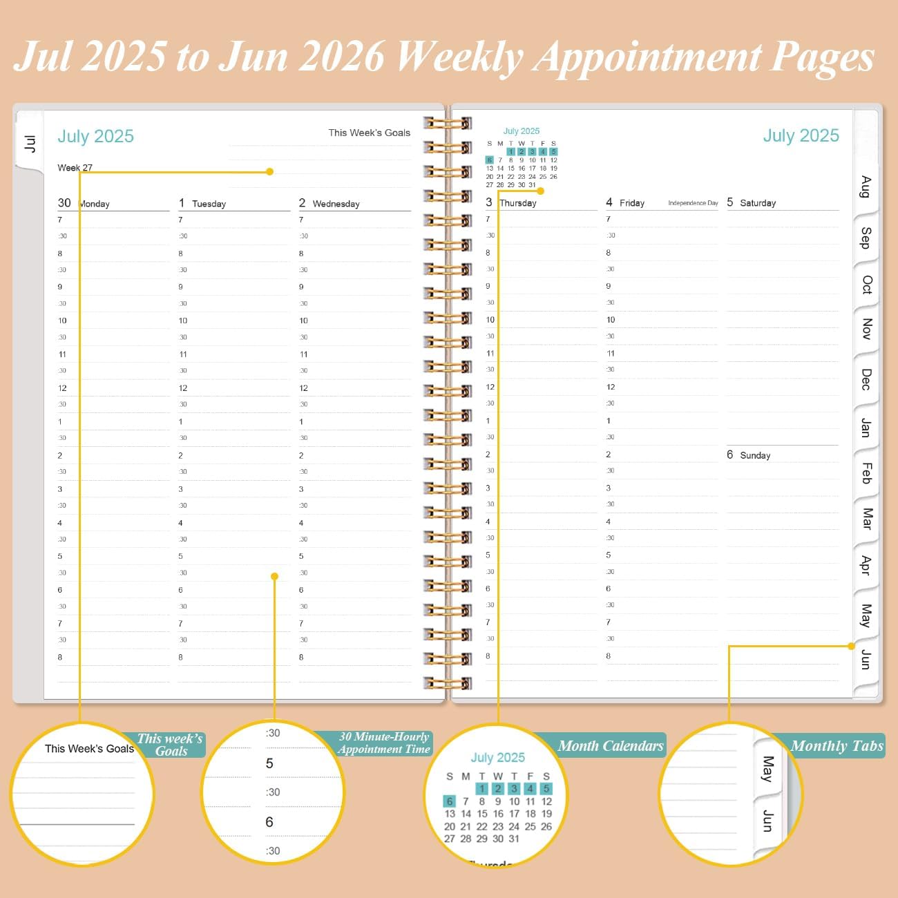 2025-2026 Appointment Book & Planner - 2025-2026 Daily Hourly Planner from July 2025 - June 2026, Weekly Appointment Book with 30-Minute Interval, Medium 6.4" x 8.5", Rose Leaf