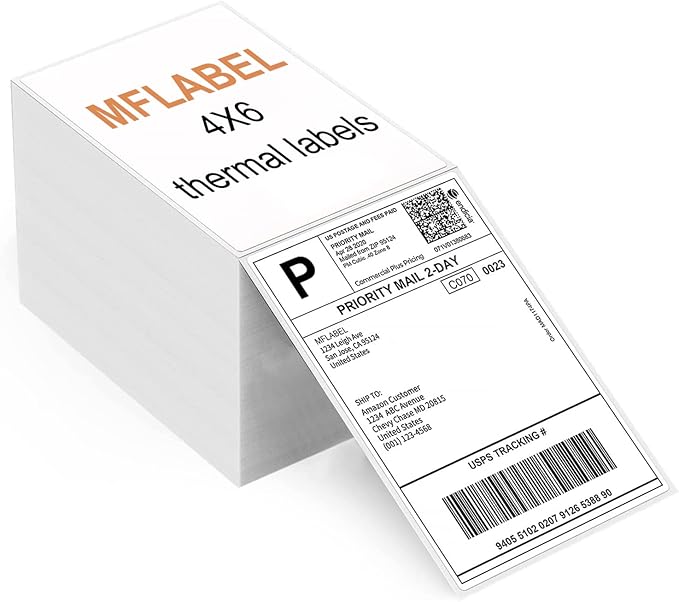 MFLABEL 4x6 Direct Thermal Labels (4000 Labels) 4" x 6" Perforated Shipping Labels Compatible with Zebra Printers Fanfold Thermal Label Stickers for Shipping Packages - 4 Stacks White Labels