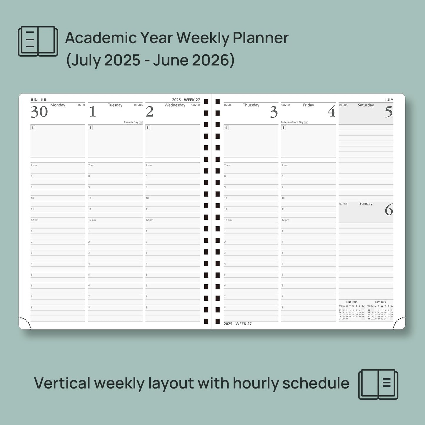 POPRUN Planner 2025-2026 (Large - 8.5'' x 10.5'') Academic Weekly Calendar (July 2025 - June 2026) with Hourly Time Slots, Monthly Tabs, 100GSM Thick Papers, Spiral Leather Cover - Green