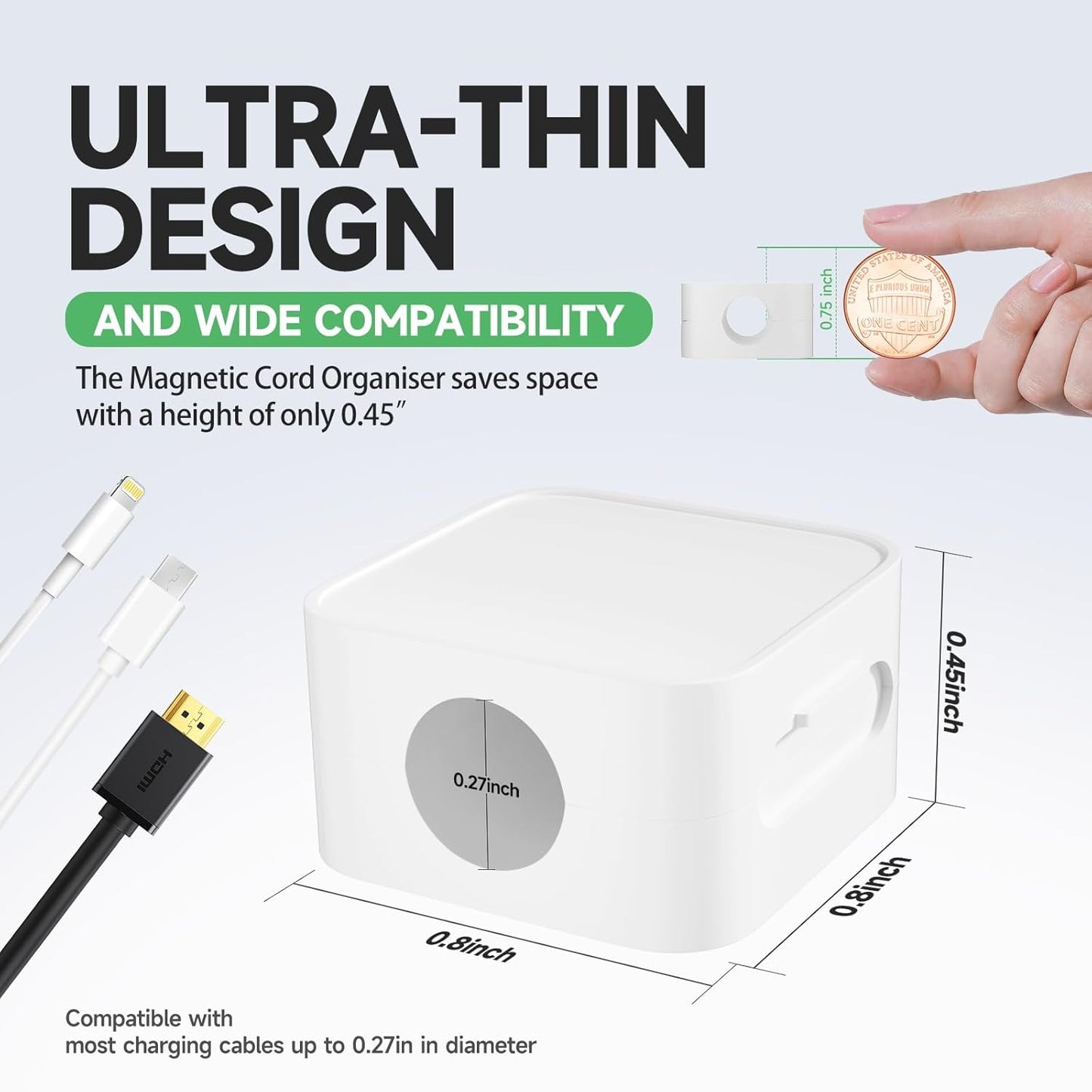 6 White Magnetic Cable Clips,Under Desk Cable Management,Cord Holder for Nightstand Home Office Car Phone Wall,2025 Adhesive Cord Organizer[0.45" in Ht Save Space/Versatile for Wire Up to 0.27" OD]