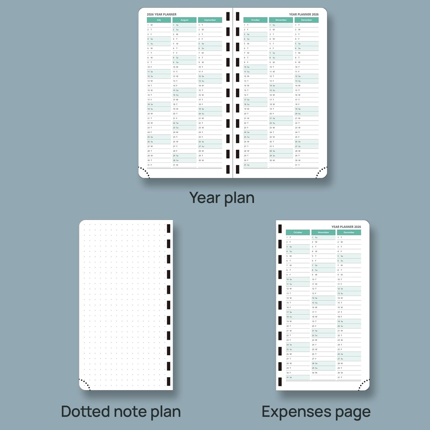 POPRUN 2026 Pocket Planner (Slim Size 3.5" x 6.5") Weekly and Monthly Calendar for Purse, with Hourly Time Slots, 100GSM Thick Paper, Spiral Soft Cover, Pen Holder - Pacific Green