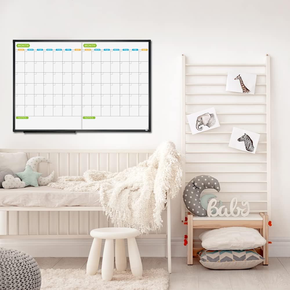 JILoffice Magnetic Dry Erase Calendar Whiteboard, 2 Month White Board Planner 36 X 24 Inch, Black Aluminum Frame Wall Mounted Board for Office Home and School