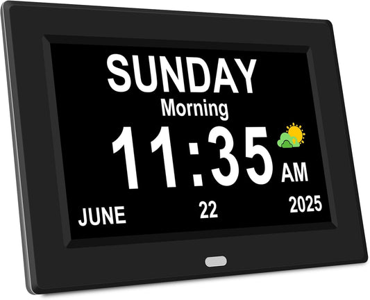 7‘’ Digital Alarm Clock for Elderly Large Display for Seniors Electric Clocks with Date Day of Week 12 Alarms 4 Colors Desk Wall Calendar Clocks for Memory Loss Alzheimers Dementia Auto DST/Dimmer