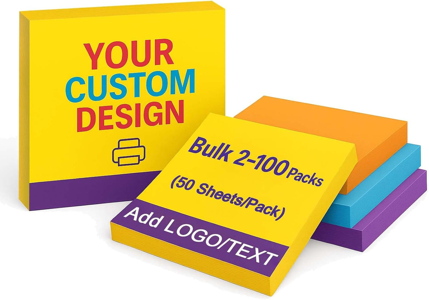 Bulk Personalized Sticky Notes 3"x3" – Custom Logo or Text Notepads, 50 Sheets per Pad, 2–100 Pack for Business Marketing, Office Supplies, Schools, Parties (Style 1)