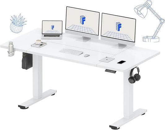 FLEXISPOT 63 x 32 Inch Large Standing Desk, Stand Up Desk with Splice Board, Rising Desks for Home Office, Office Desk with Cup Holder and Headphone Hook (White Frame + White Top, 2 Packages)
