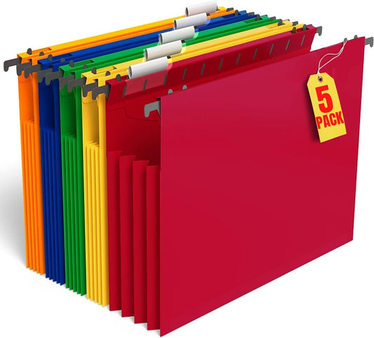 1InTheOffice Hanging File Folder, Hanging File Pocket, Expandable Hanging File Folder, Letter Size, Assorted Color, 5 Pack
