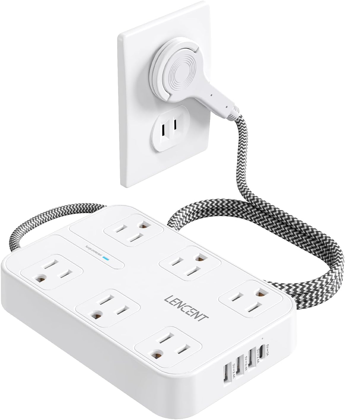 LENCENT 2 Prong Power Strip, 3 to 2 Prong Outlet Adapter, 1050J Surge Protector, 6ft Braided Extension Cord with Thin Flat Polarized Plug, 6 AC & 4 USB (1 Type-C), Wall Mount for Non-Grounded Outlet