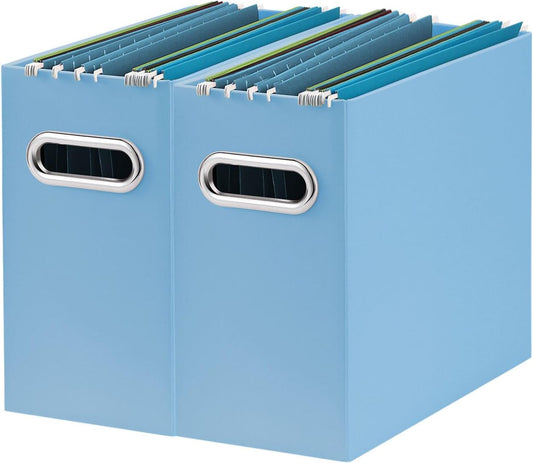 Oterri File Organizer, 2 Packs Small Storage Box, Cardboard File Folder Organizer, Collapsible File Box for Hanging File Folders Letter Size, Portable Filing Organizer with Handle (Blue)