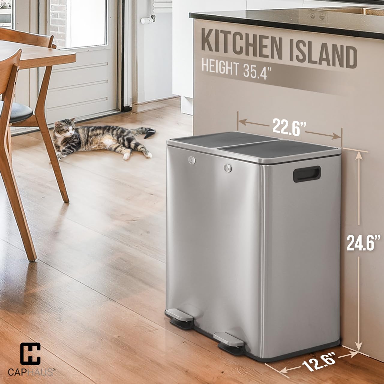 CAPHAUS Dual Trash Can with Double Lid, Trash and Recycle Bins Combo, Hands-Free Stainless-Steel Garbage Can for Kitchen, with 2 Compartment, Hinged Lid, Odor Filters, Handles, 30L+30L, 2 x 8 Gallon