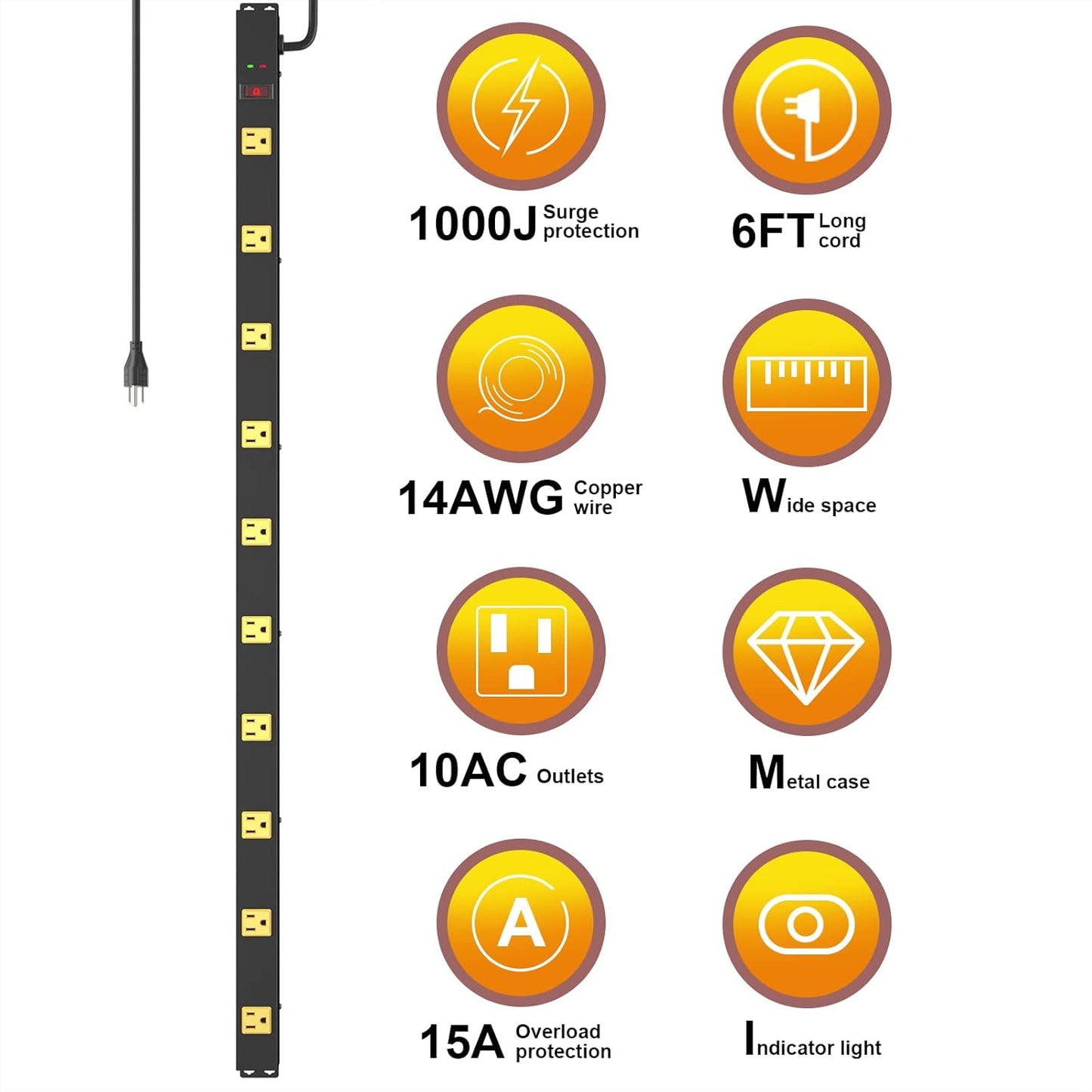 10 Outlet Surge Protector, Long Metal Wide Spaced Garage Industrial Power Strip, Heavy Duty with 6 FT Cord, 15A, 125V, 1875W, 2700 Joules, 2Pack, SGS Listed