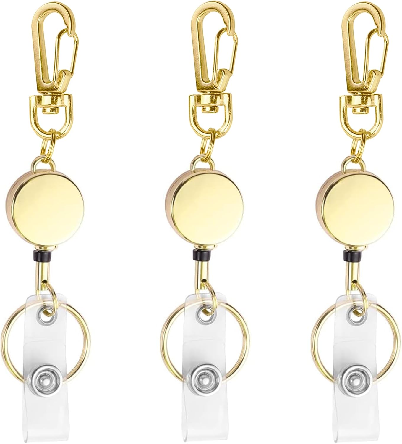 bolimoss 3 Pack Retractable Badge Reel Metal ID Badge Holder with Belt Clip Key Ring for Name Card Keychain for Nurse,Volunteer,Teacher,Student (Gold)