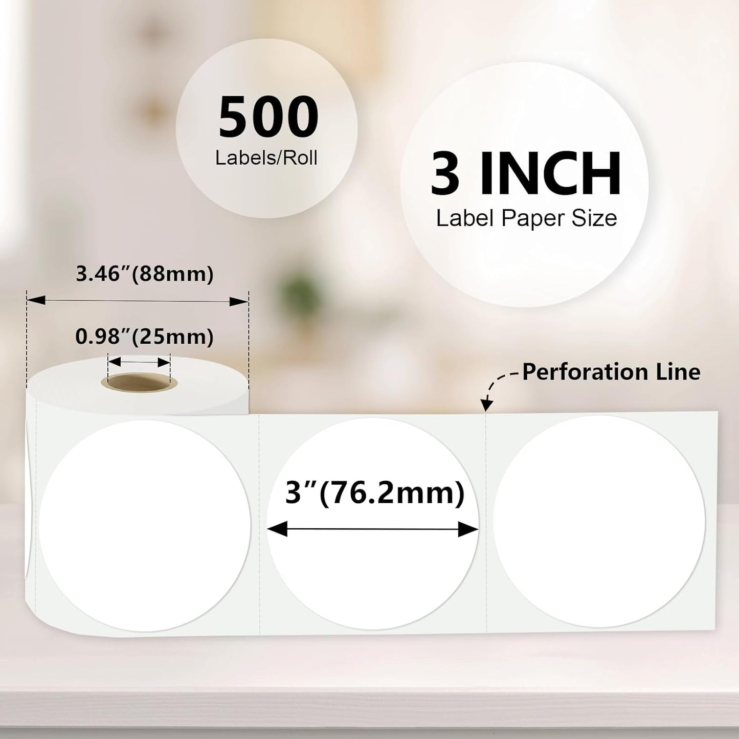 3 X 3 Inch Color Coding Dot Labels Circle Thermal Printable Waterproof 500 Pcs Round Stickers Adhesive Writable for Office, Home, Garage, DIY Sticker, Barcodes, Name Tag, White