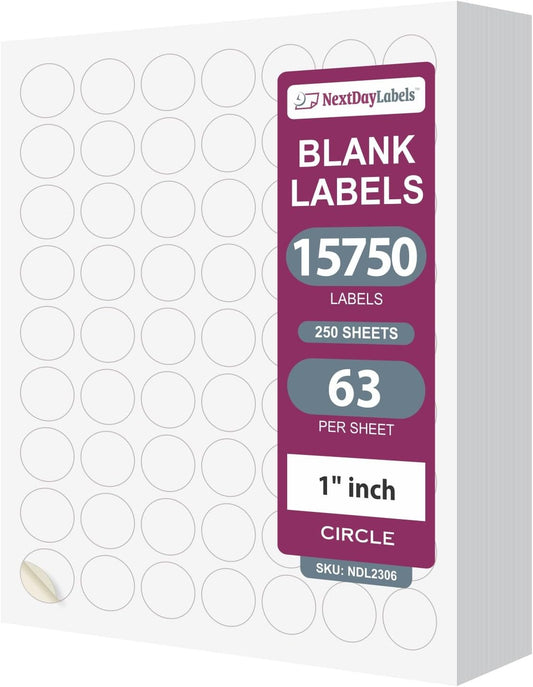 NextDayLabels - 1 Inch Round Stickers - Matte White Circle Labels (15,750 Sheets)