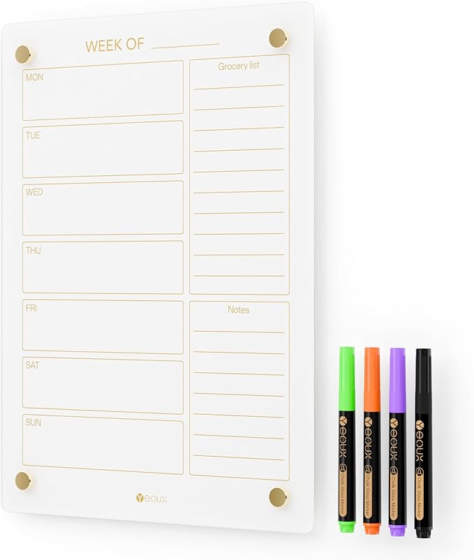 Glass Golden Weekly Dry Erase Calendar & Menu Whiteboard for Wall, Meal Planning & Grocery Shopping List White Board for Kitchen, 15x11, 7 Days Planner for Home, 4 Wet Erase Markers Included, Yeoux*