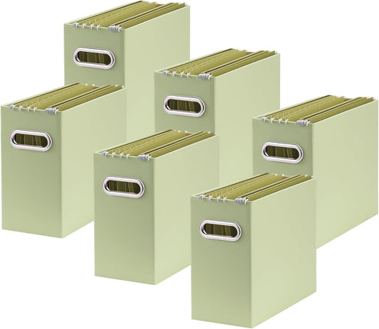 Oterri File Organizer, 6 Packs Small Storage Box, Cardboard File Folder Organizer, Collapsible File Box for Hanging File Folders Letter Size, Portable Filing Organizer with Handle（Green）