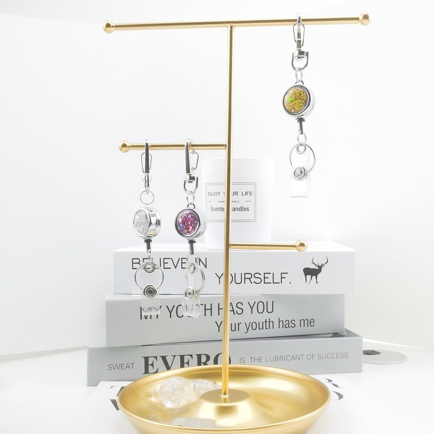 bolimoss Glittery Badge Holder Reel Retractable for Women Girls, Metal Badge Holder with Belt Clip Key Ring and Reinforced Steel Cord for ID Card Keychain (3 Pack Pink)