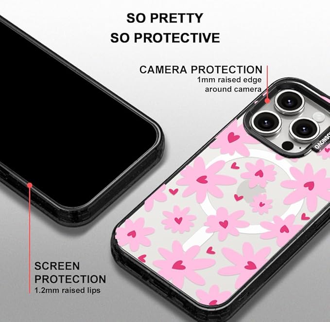MOSNOVO Magnetic Case for iPhone 15 Pro, 10ft Military-Grade Protection, Compatible with Magsafe, Shockproof Phone Case for iPhone 15 Pro - Love in Bloom - Clear Black
