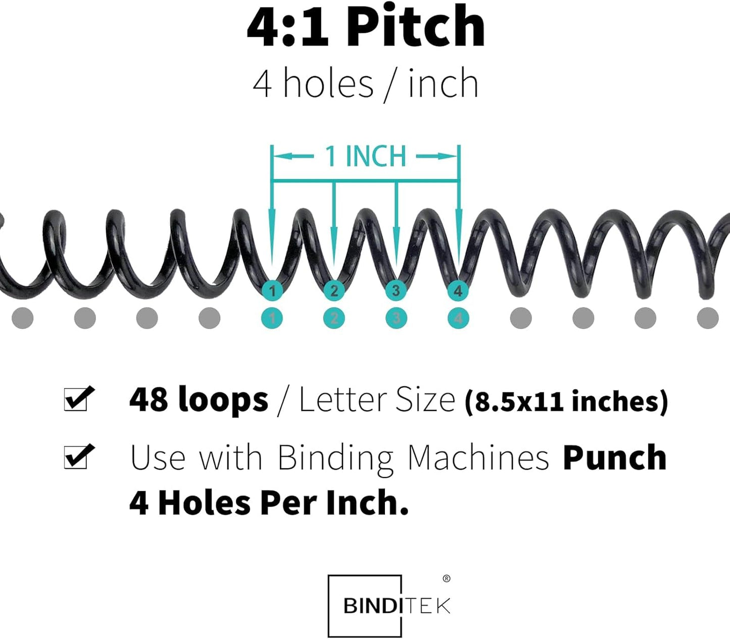 Binditek 50 Pack Plastic Spiral Binding Coils, 32mm (1-1/4"), 280 Sheet Capacity, 4:1 Pitch, Black, 48 Loops, for Letter Size, for Students and Coworkers