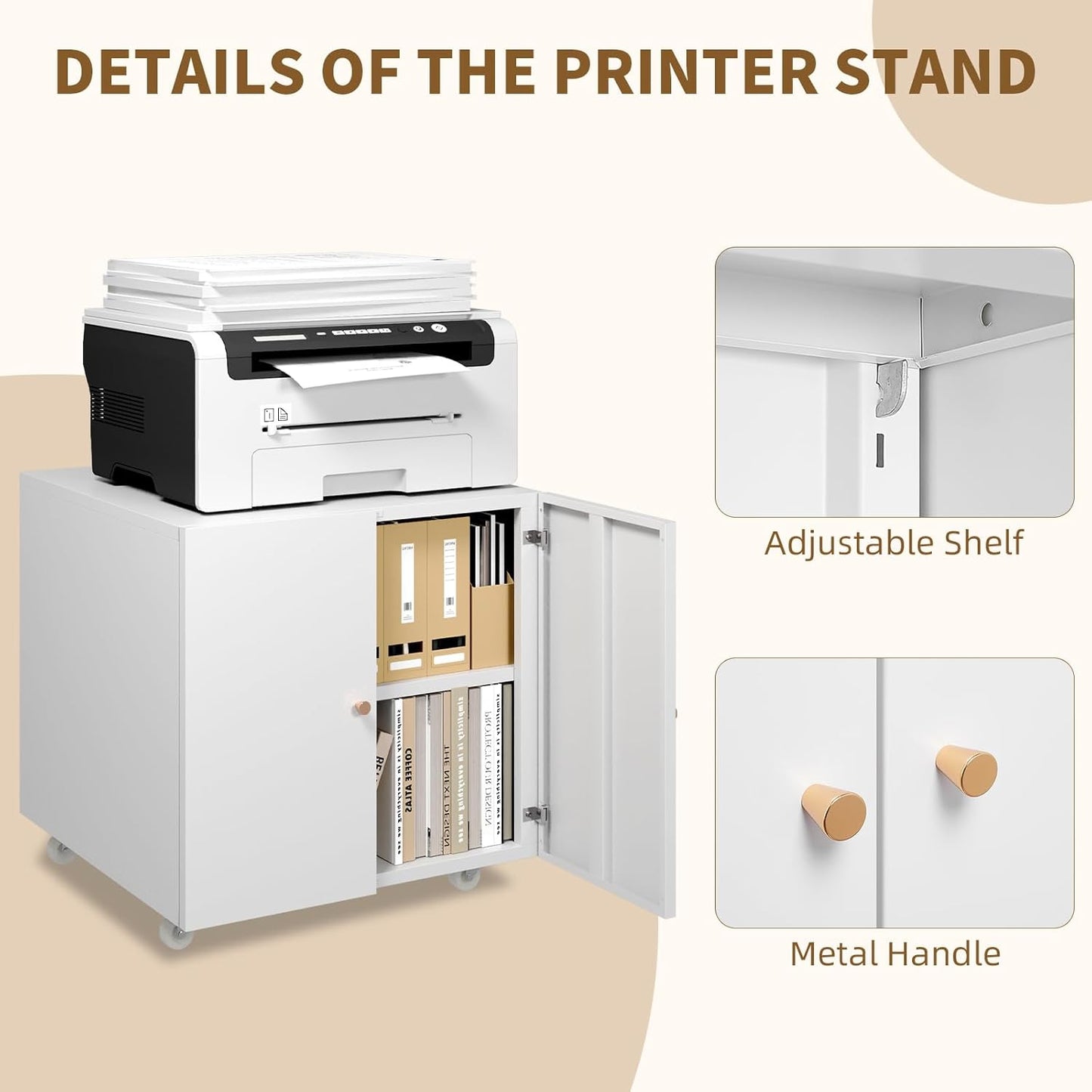 Metal Printer Stand, Large Printer Table with Wheels, Heavy Duty Printer Cabinet Stand, Printer Stand with Storage, Modern Printer Stands for Home Office, Copier, Computer, Fax