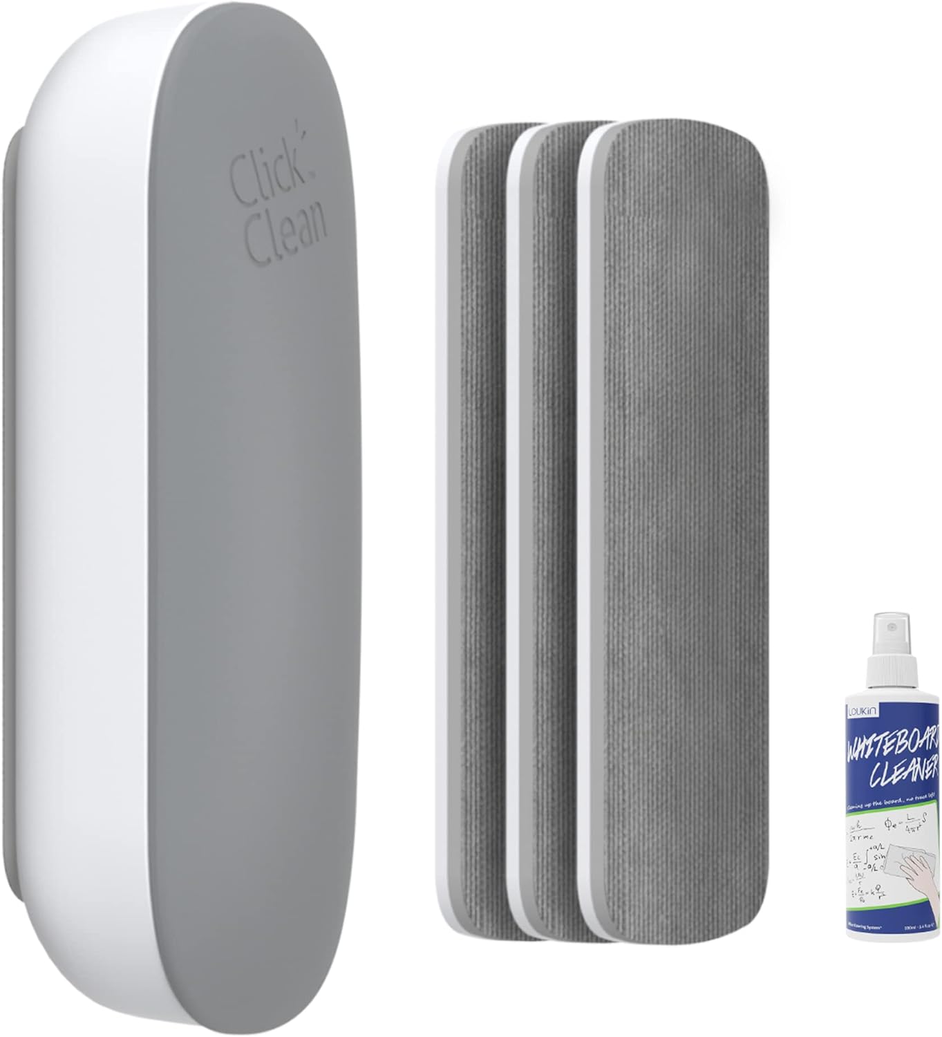 CLICK CLEAN Replaceable Dry Erase Board Eraser, 4-in-1 Magnetic Whiteboard Eraser with 3 Replaceable Felt Pads, Free 3.4oz Whiteboard Cleaner Included, Intended for Classroom, Home and Office