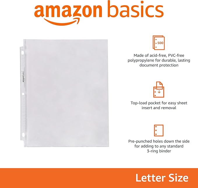 Amazon Basics Sheet Protectors for 3 Ring Binder, Heavyweight, Polypropylene, 8.5 x 11 Inch, 500-Pack, Clear
