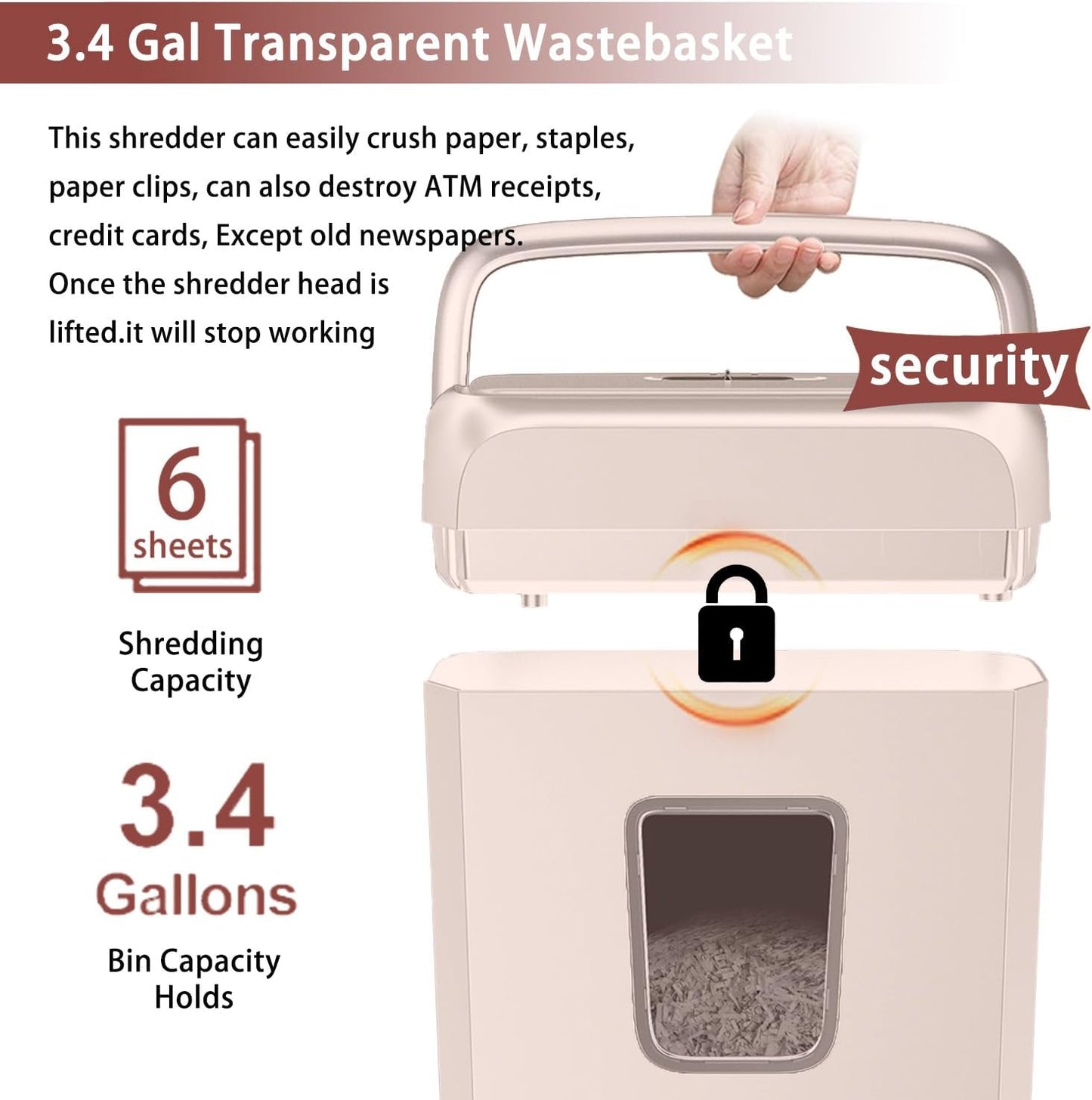 Bonsaii 6-Sheet Cross-Cut Pink Shredder, P-4 High Security Level, Compact Design for Home and Office, Shreds Paper, Credit Cards, Staples, Clips, 3-Minute Continuous Shredding, 3.4-Gal Bin