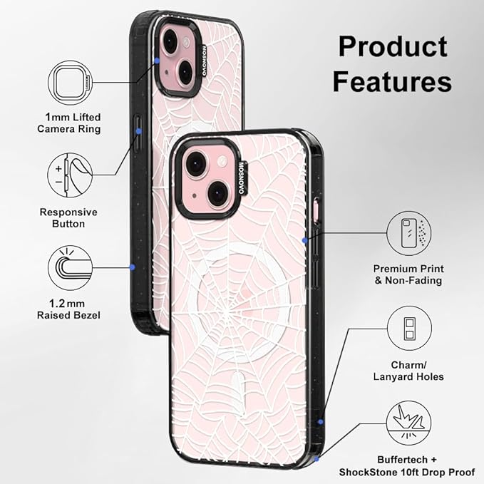 MOSNOVO Magnetic Case for iPhone 15, 10ft Military-Grade Protection, Compatible with Magsafe, Shockproof Phone Case for iPhone 15 - Spider Web - Clear Black