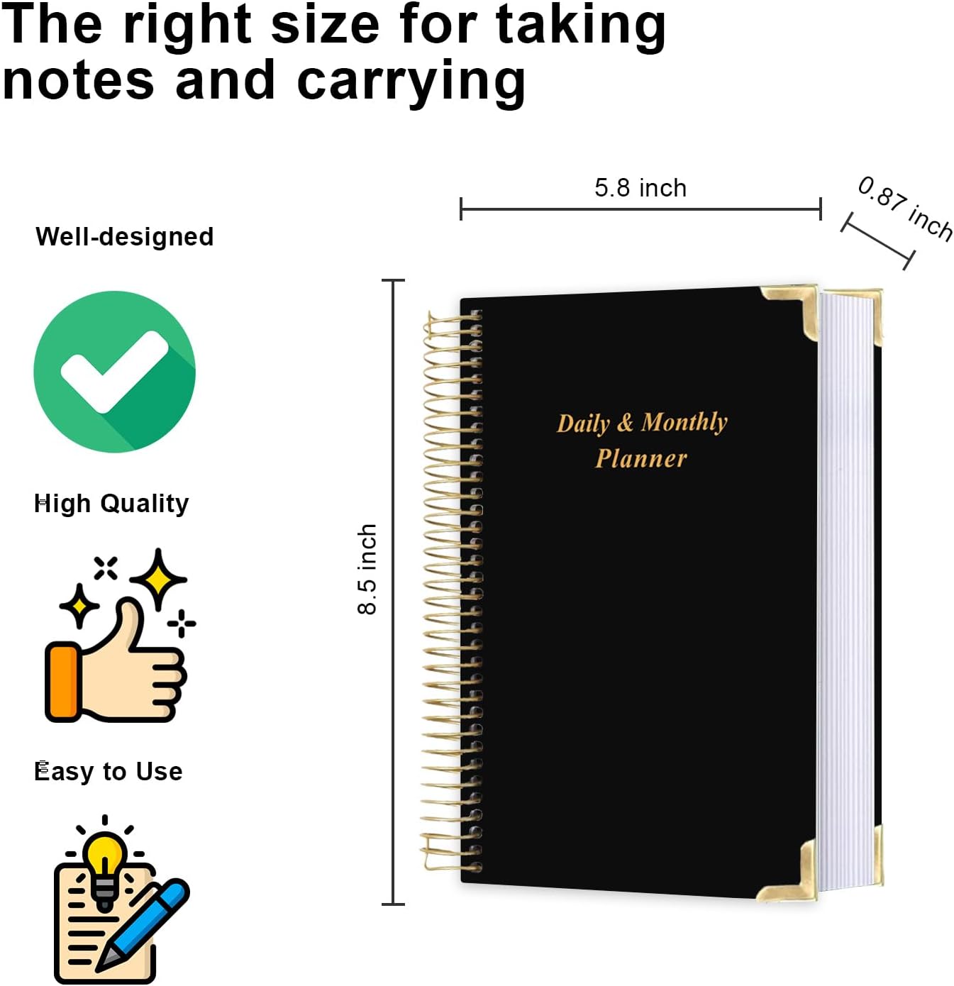 Undated Daily Monthly Planner for 2025 2026 - A5 To Do List with Hourly Schedule, Hardcover Spiral Bound Daily Planner to Increase Focus, Stylish School/Office Supplies, 5.8" x 8.5", Black