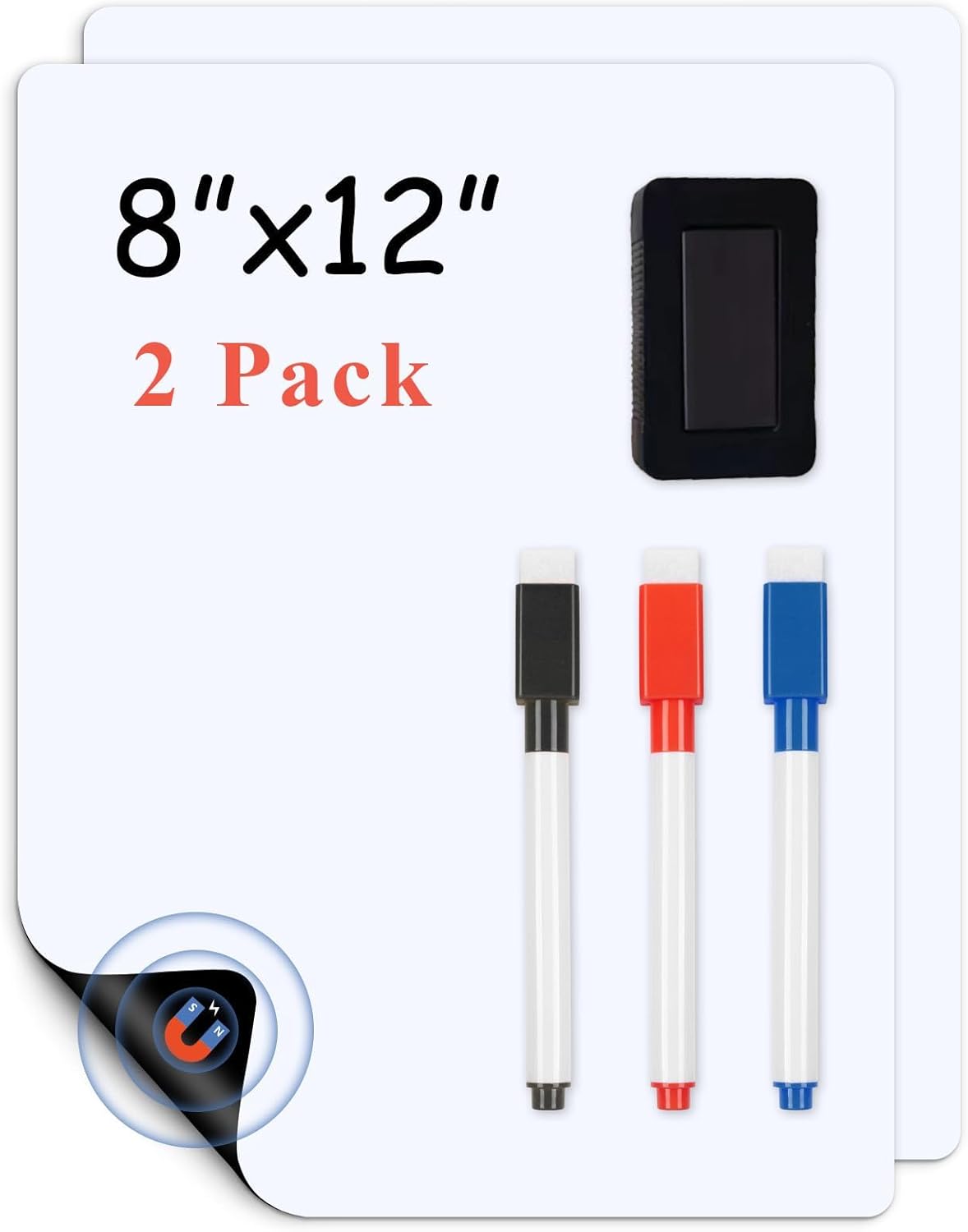 Magnetic Fridge White Board Paper, 8" x 12" 2 Pack Small Dry Erase Board Sheet for Organizer and Planner, Kitchen Refrigerator Whiteboard for Family to-do List, Includes Markers and Eraser