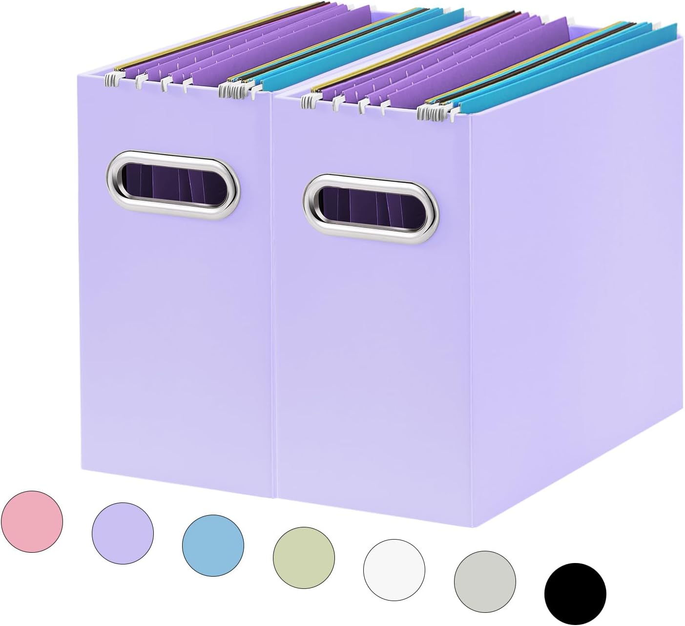 Oterri File Organizer, 2 Packs Small Storage Box, Cardboard File Folder Organizer, Collapsible File Box for Hanging File Folders Letter Size, Portable Filing Organizer with Handle (Purple)