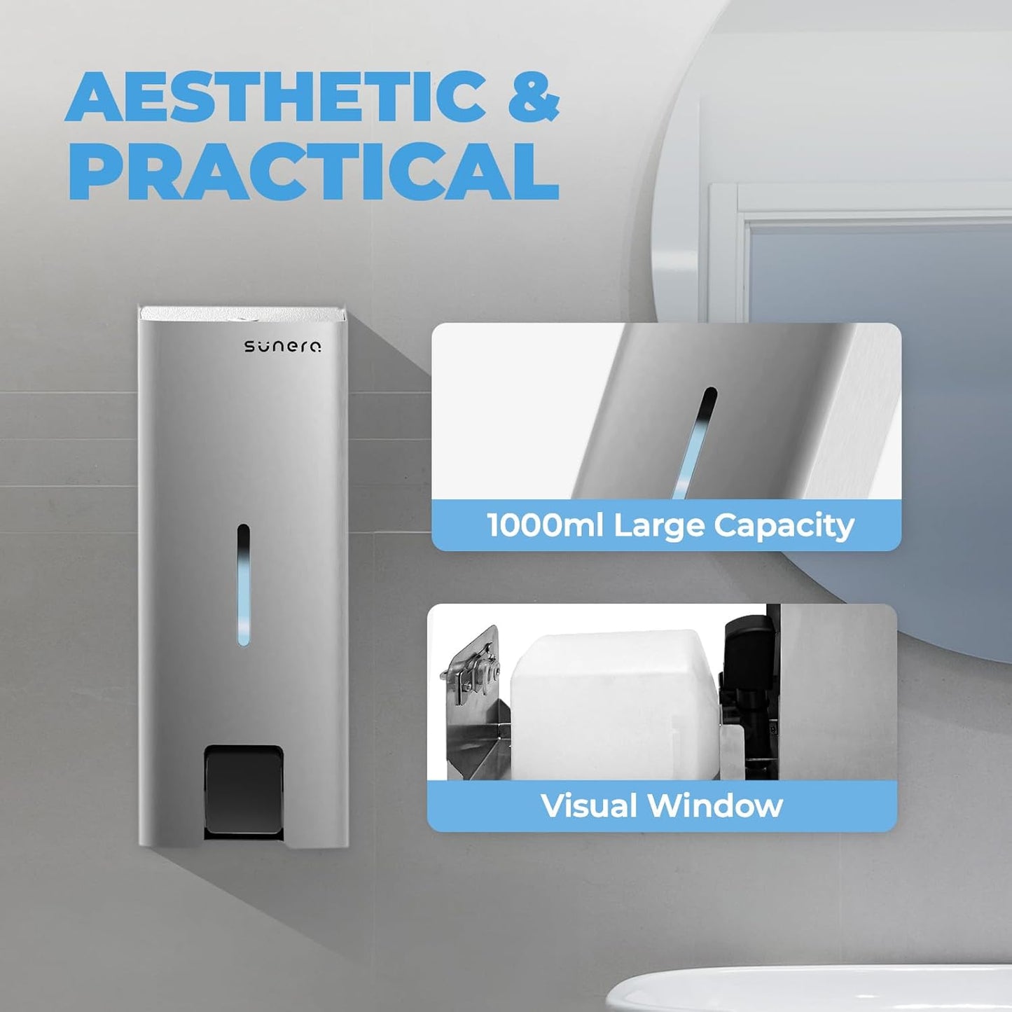 Sunera Commercial Soap Dispenser Wall Mount Luxury 304 Stainless Steel Soap Dispenser Kitchen Bathroom Industrial Push Hand Sanitizer Dispenser 1000ml SUNERA