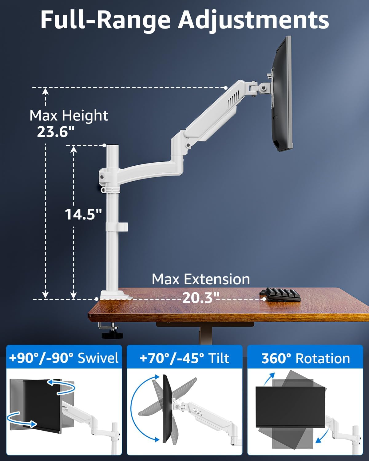 Single Monitor Arm Holds 4.4-22lbs, Monitor Stand for Desk, Height Adjustable Monitors Mount for 32 27 24 22inch, Full-Motion Monitors Desk Mount with C-Clamp＆Grommet Base, Freelift White