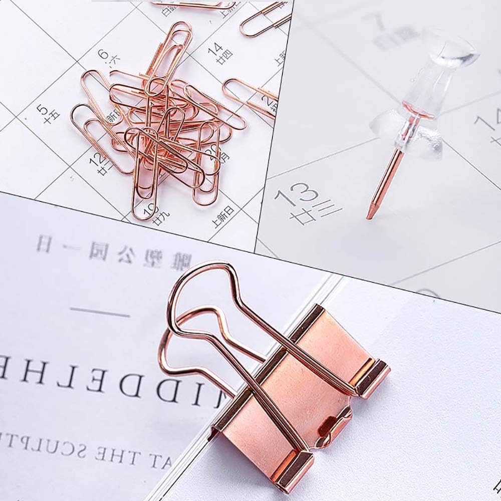 Paper Clips and Binder Clips Set, Metal Assorted Sized Binders with Push Pins, Cute Office Supplies for Desk, Desk Accessories, Rosegold