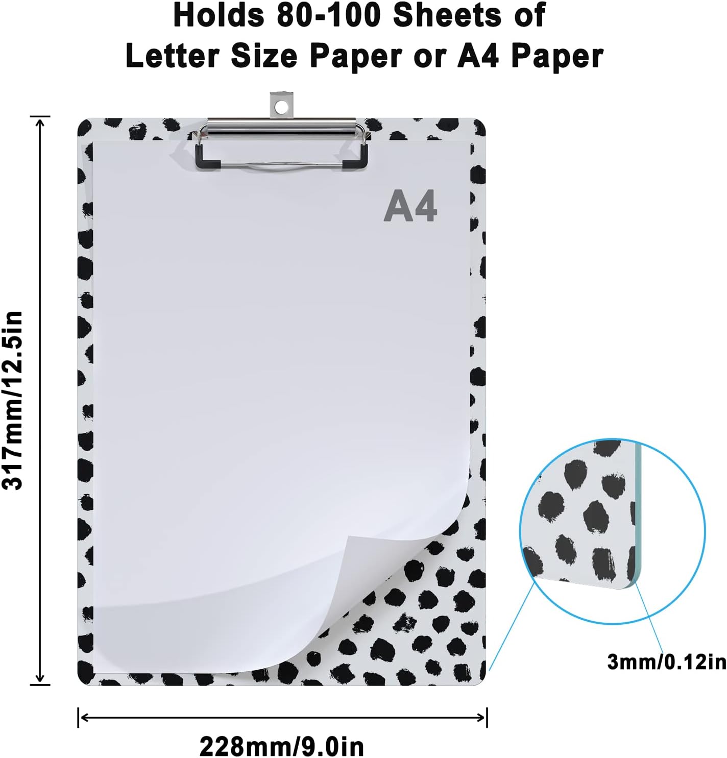 Cute Clipboard Wood Design Decorative A4 Letter Size Clip Boards for Classroom Office, Standard Size 9" x 12.5" with Low Profile Metal Clip - Black Dots