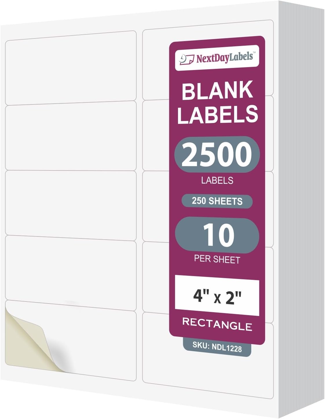 NextDayLabels – 4” x 2” Rectangular Sticker Labels for Printer - White Laser/Inkjet Printer Labels Return Address Labels Shipping Label Stickers (250 Sheets, 10 Per Sheet, 2500 Labels)