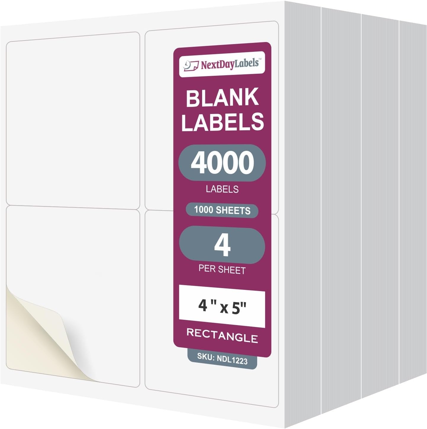 NextDayLabels – 4” x 5” Rectangular Sticker Labels for Printer - White Laser/Inkjet Printer Labels Return Address Labels Shipping Label Stickers (1000 Sheets, 4 Per Sheet, 4000 Labels)