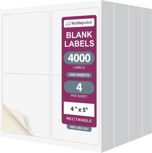 NextDayLabels – 4” x 5” Rectangular Sticker Labels for Printer - White Laser/Inkjet Printer Labels Return Address Labels Shipping Label Stickers (1000 Sheets, 4 Per Sheet, 4000 Labels)