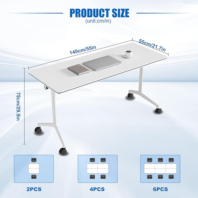 Conference Table, Folding Conference Desk Modern White, Seminar Table with Wheels, 2-10 People for Office, Meeting Break Room (2, 1915, 55IN)