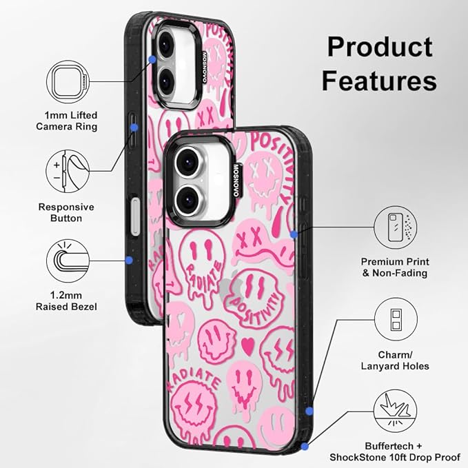 MOSNOVO Case for iPhone 16 Plus, [10ft 4X Military-Grade Drop Protection] Durable & Shockproof Phone Case Cover Design for iPhone 16 Plus - Pink Dripping Smiles - Clear Black