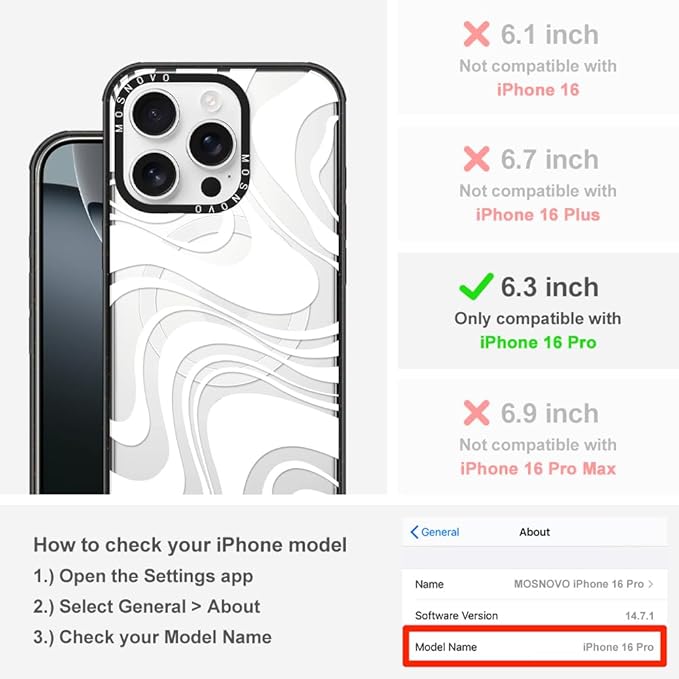 MOSNOVO Magnetic Case for iPhone 16 Pro, 10ft Military-Grade Protection, Compatible with Magsafe, Shockproof Phone Case for iPhone 16 Pro - White Swirl - Clear Black
