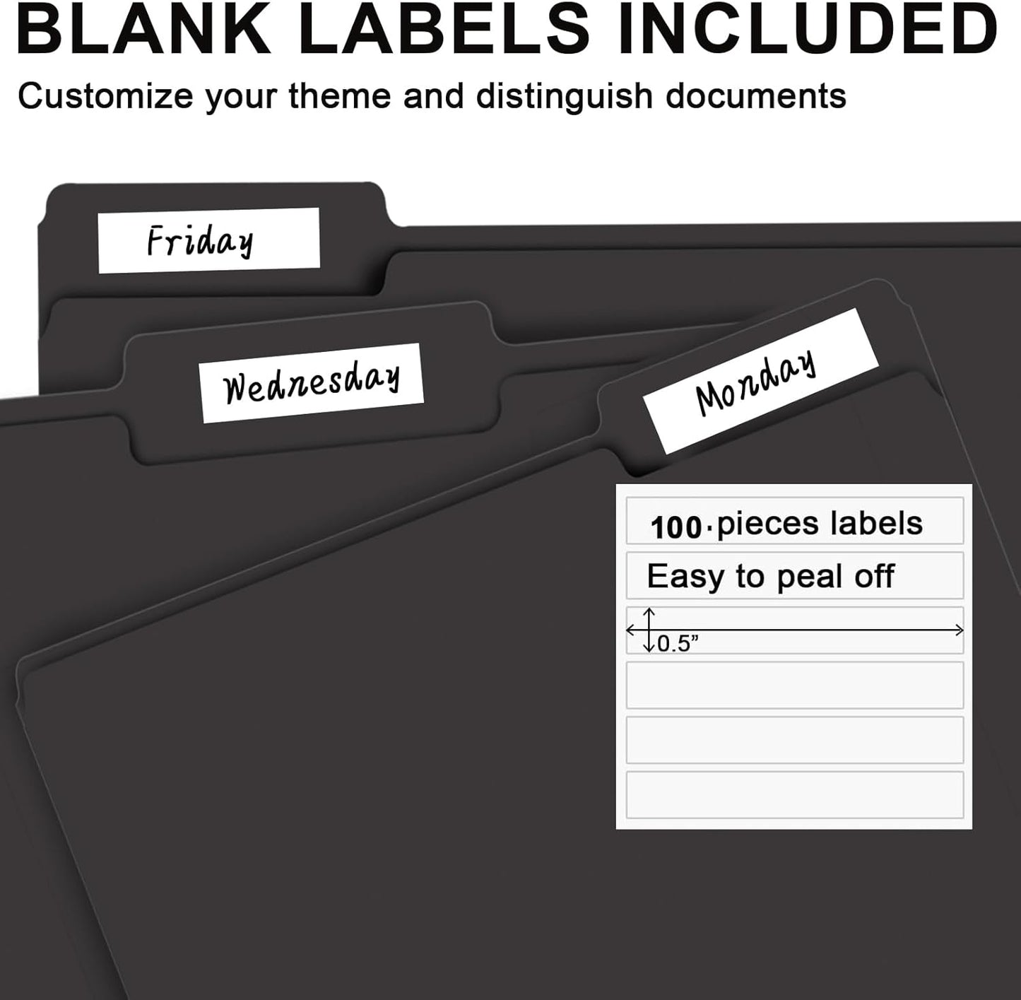 File Folder, RAZCC 100 Pack 1/3 Cut Tab File Folders Letter Size, Black Folders for Dcouments, Folders with Tab Great for Organizing and Easy File Storage