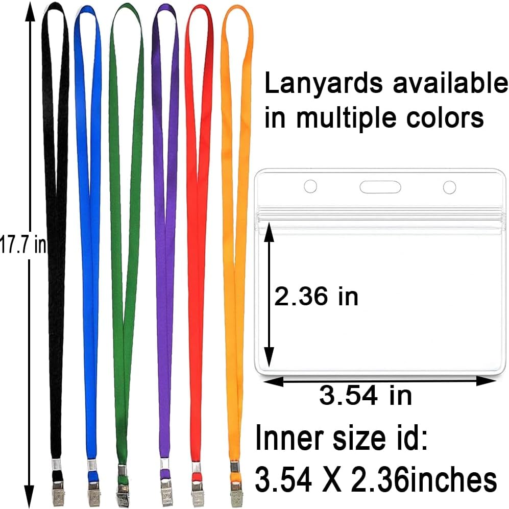 50pcs Clear Badge Holder with Lanyard Waterproof Type Clear ID Badge Holder with Lanyards for Name Tags ID Card (Blue, Horizontal)