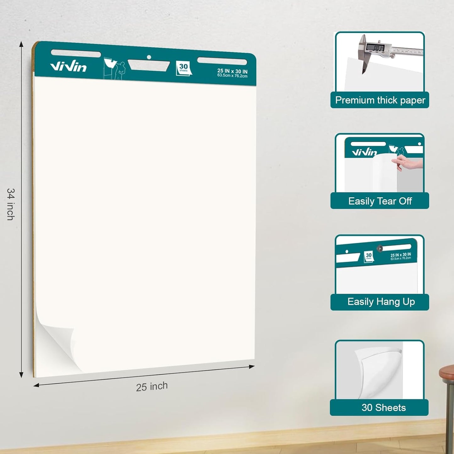 ViVin Super Sticky Easel Pad, 25 x 30 Inches Flip Chart Paper for Teachers, Large Self Stick Easel Paper, Teacher Anchor Chart, 30 Sheets/Pad, 12 Pads/Pack