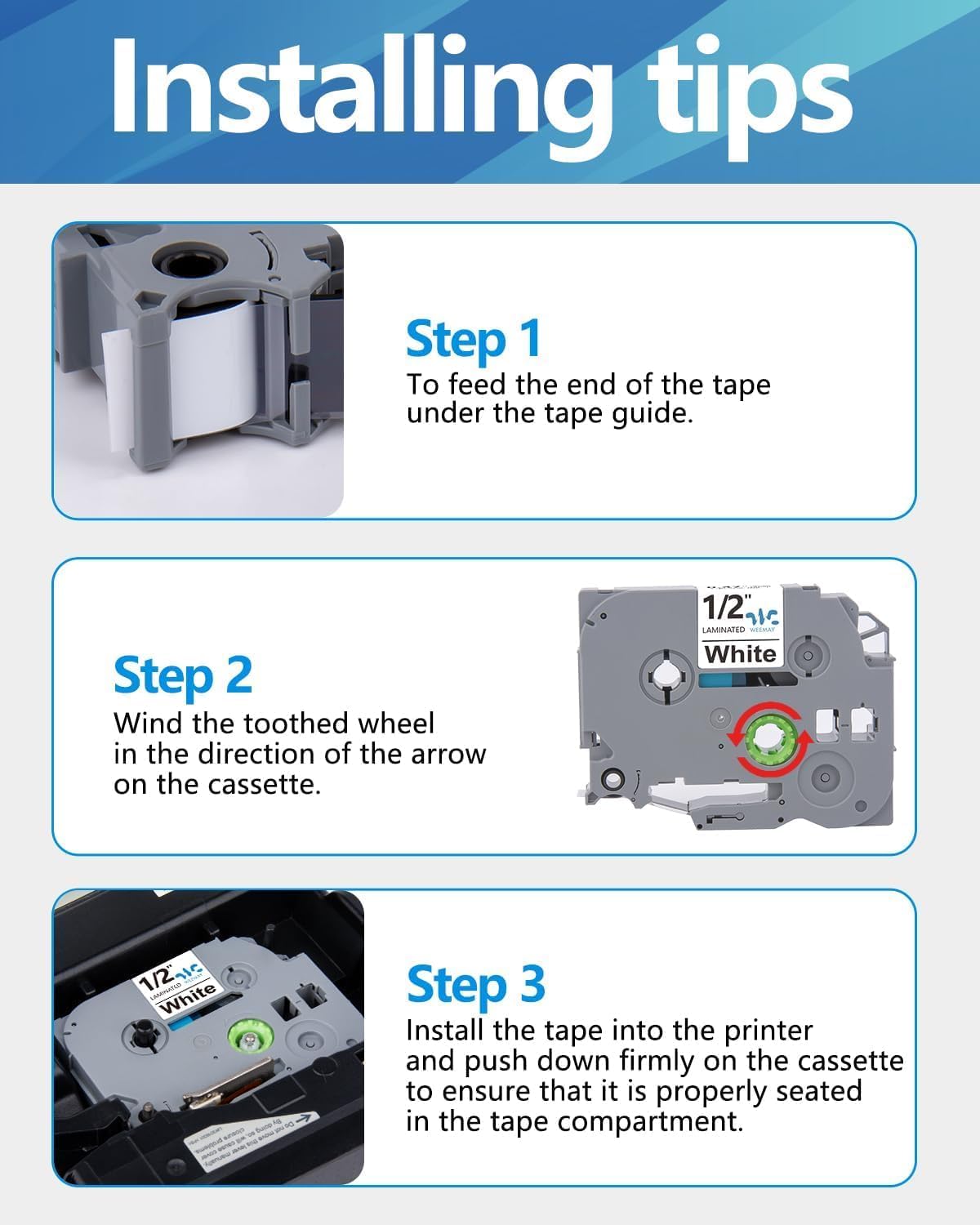 Weemay TZe TZ Tape 3 Pack 12mm Label Tape Compatible for Brother Ptouch Label Tape 12mm 0.47 Laminated White for PTD210 PTD220 PTH110BP PTD410 PTD600 Printer, 0.47" x 26.2'