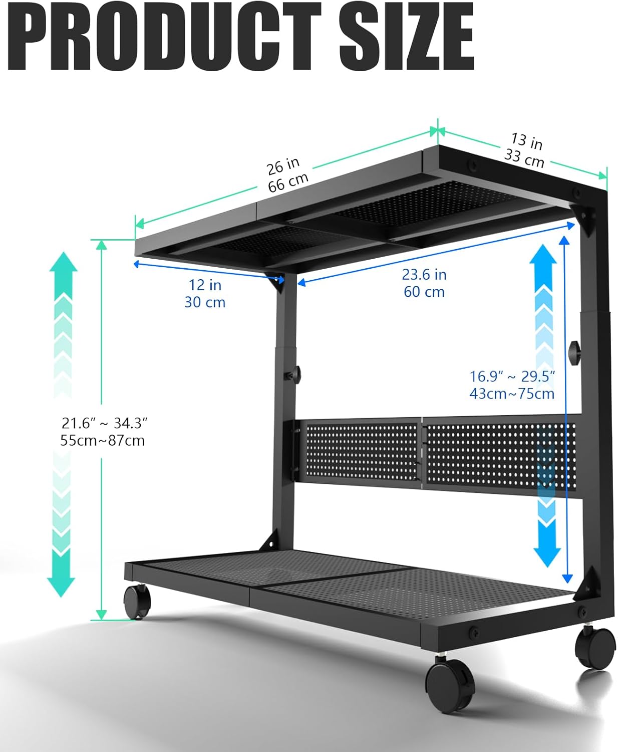 Moricher Computer Tower Stand - Height Adjustable 2-Tier ATX-Case PC Stand Printer Rack Pegboard with Rolling Wheels & Mousepad for Home Office Gaming Accessories