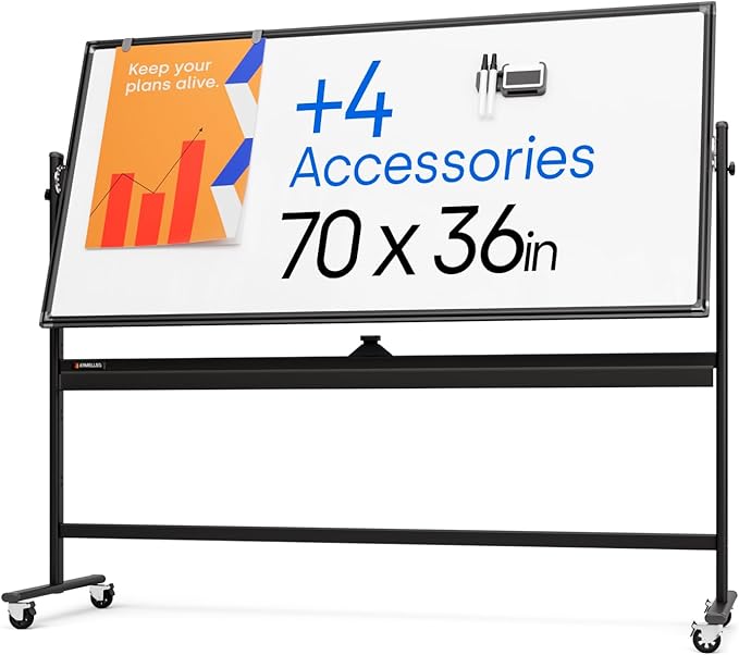 Rolling Dry Erase Board 70 x 36 - Large Portable Magnetic Whiteboard with Stand - Double Sided Easel Style Whiteboard with Wheels - Mobile Standing White Board for Office, Classroom & Home