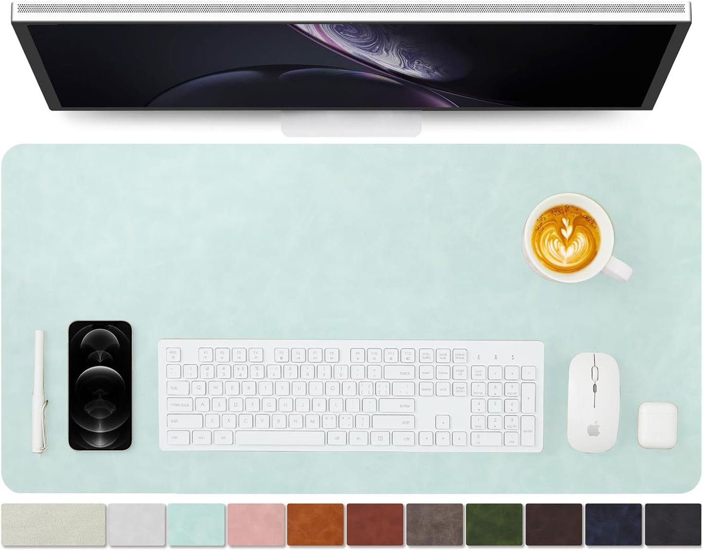 Distressed Leather Desk Mat - Non-Slip PU Desk Pad for Office and Home - Desk Organization and Accessories - Ideal for Large Mouse Pad and Desk Mats on Top of Desks(Mint Green,31.5"x 15.7")