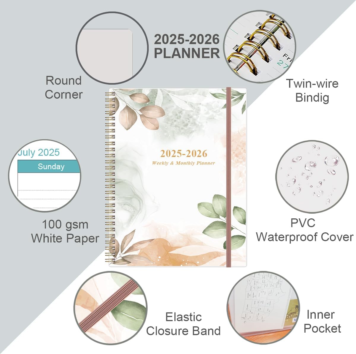 2025-2026 Planner - Academic Planner 2025-2026 from July 2025 to June 2026 with 12 Monthly Tabs, Flexible Cover, Inner Pocket, 8.5" x 11", Rose Leaf